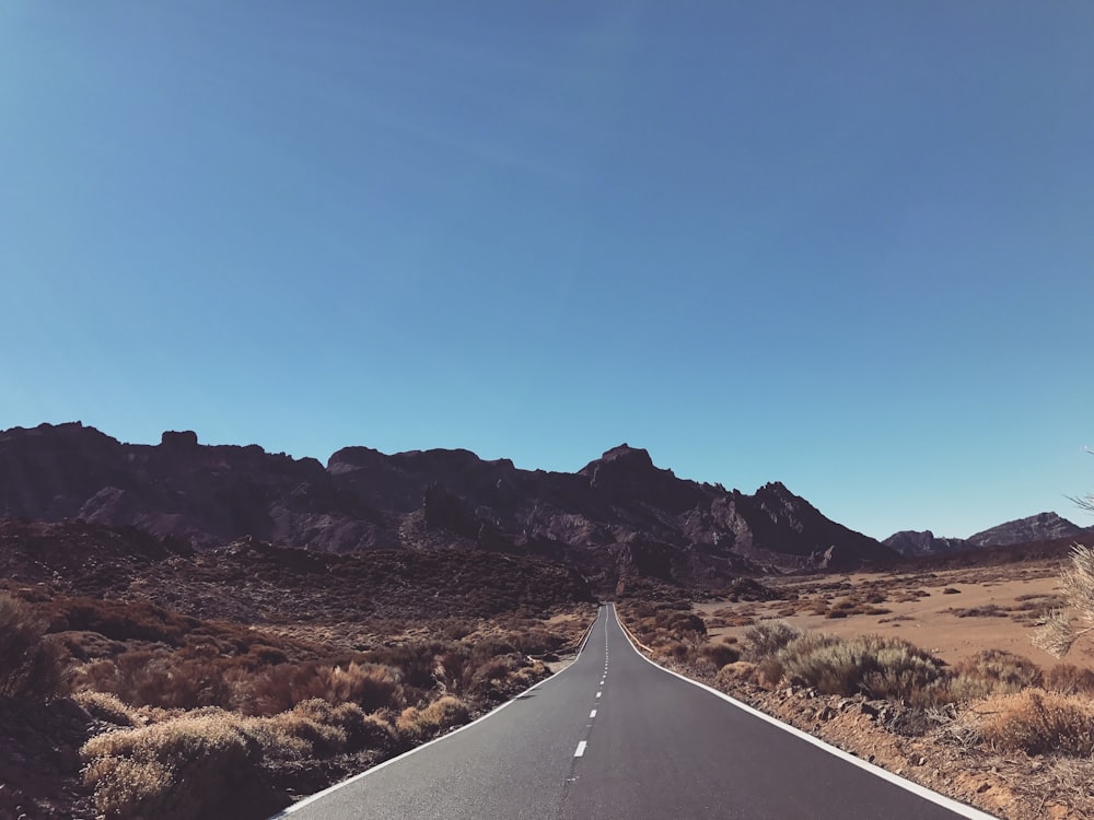 gray concrete road between brown grass field under blue sky during daytime