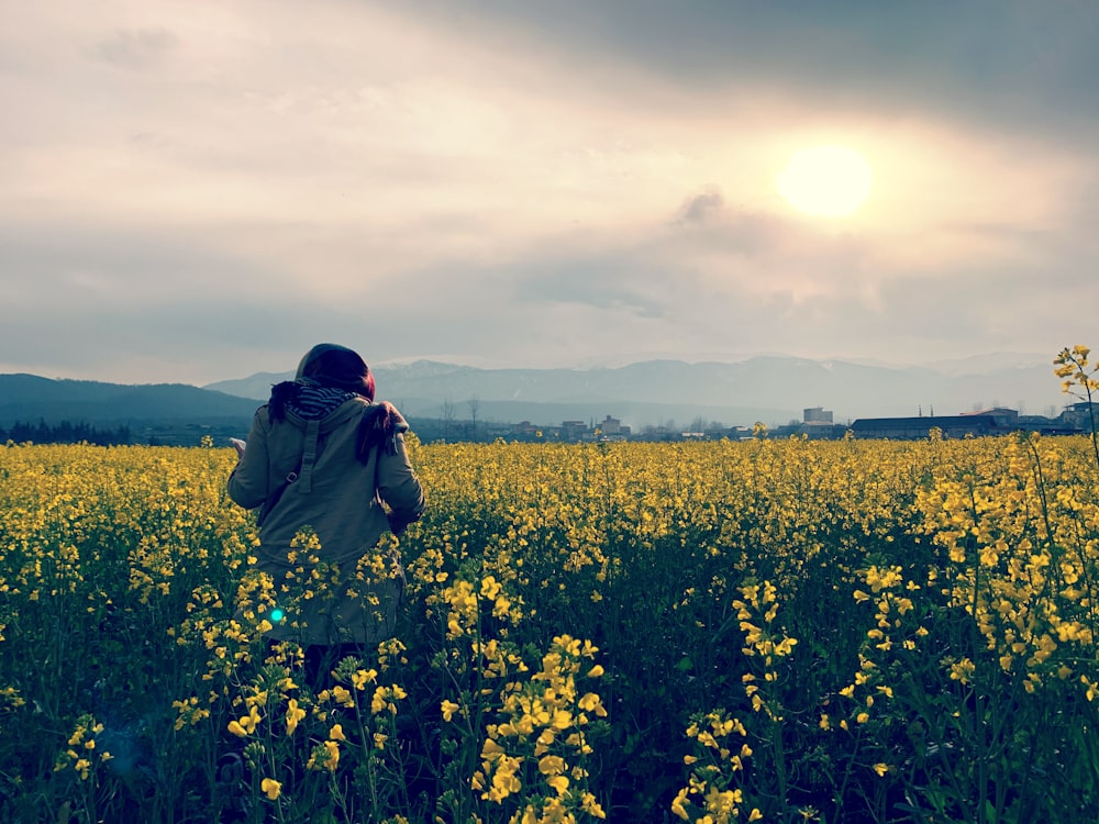 person in brown jacket standing on yellow flower field during daytime