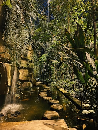 A lush and vibrant indoor garden featuring a cascading waterfall that flows into a tranquil pond bordered by round stepping stones. Dense green foliage and tall palm-like plants create a tropical atmosphere, while dappled lighting filters through the leaves.