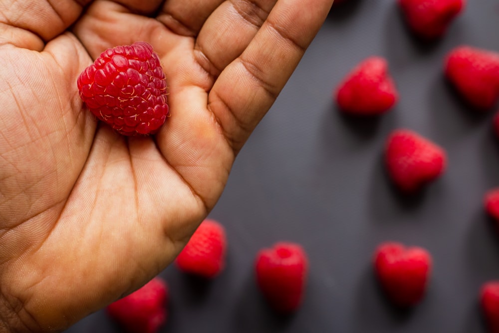 red round fruits on persons hand