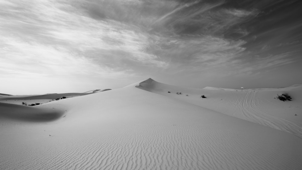 grayscale photo of person walking on desert