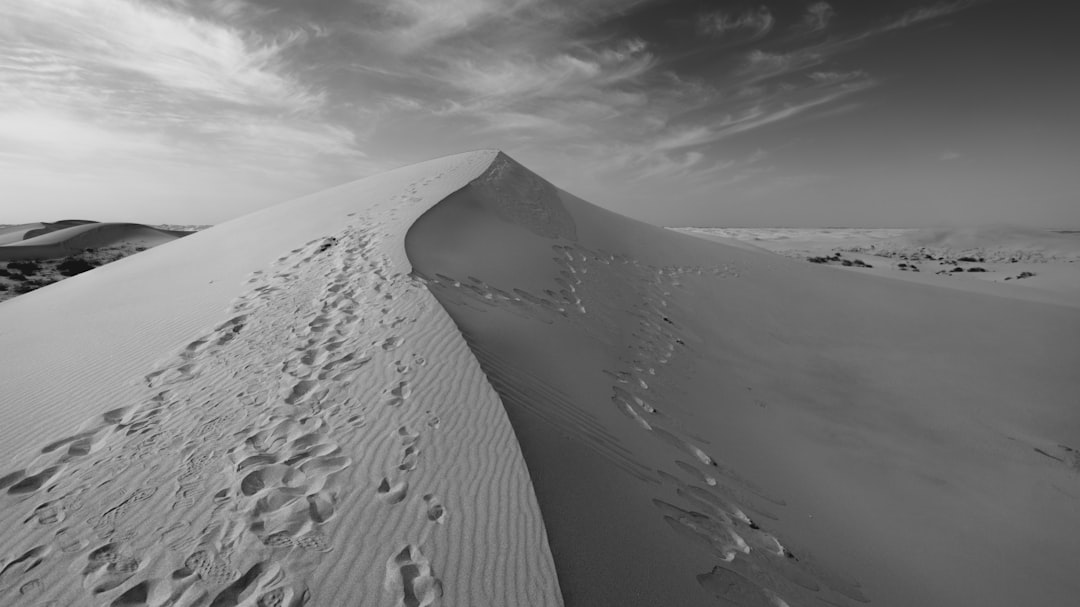 grayscale photo of desert under cloudy sky