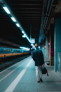 A person with a briefcase is walking along a train platform. The platform is illuminated by overhead lights, and there is a train on the adjacent track. The setting appears to be a railway station with a dimly lit, modern, and somewhat industrial ambiance.