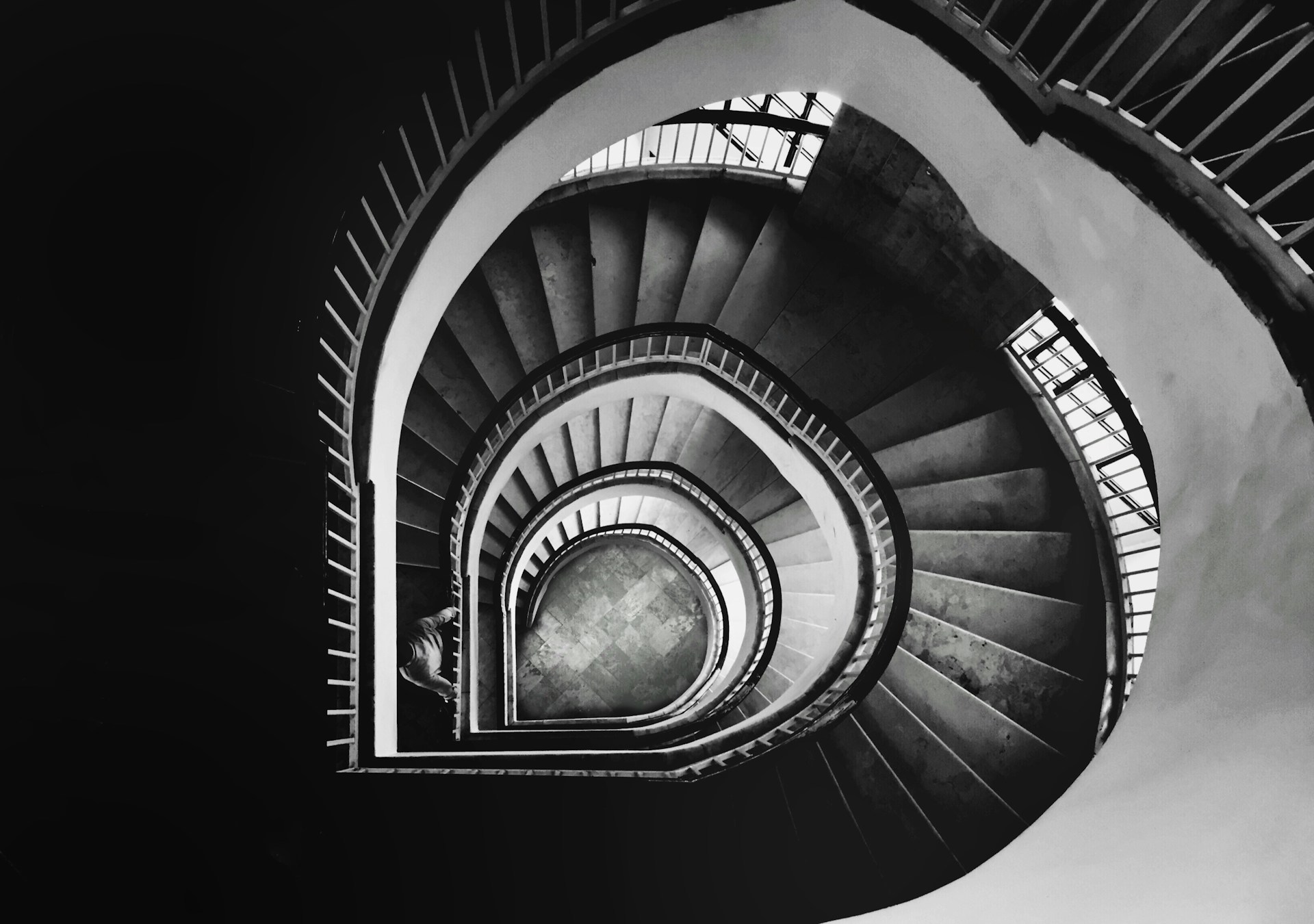 black and white spiral staircase