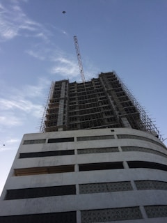 A tall building under construction with extensive scaffolding covering the façade. A crane tower is visible at the top of the structure, reaching into a clear blue sky. Two birds are flying near the building, adding a sense of scale and motion to the scene.