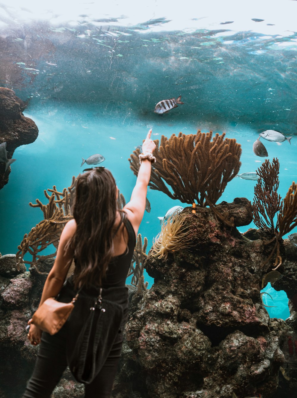 woman in black tank top holding white and blue fish