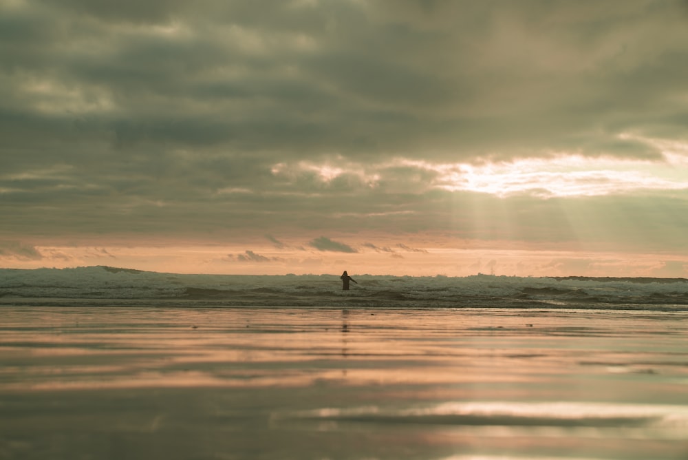 silhouette of person standing on sea shore during sunset