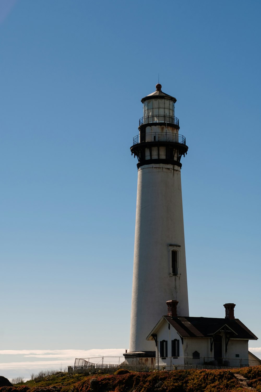 white and black concrete lighthouse under blue sky during daytime