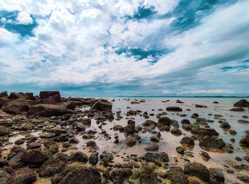 brown rock formation on beach under blue and white sunny cloudy sky during daytime