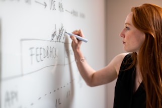 A person with red hair is concentrating while writing on a whiteboard with a marker. The whiteboard contains words such as 'FEEDBACK' and various hand-drawn diagrams and arrows.