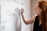 A person with red hair is concentrating while writing on a whiteboard with a marker. The whiteboard contains words such as 'FEEDBACK' and various hand-drawn diagrams and arrows.