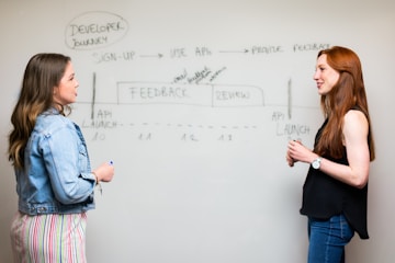 Two people are standing in front of a whiteboard, discussing a flowchart labeled 'Developer Journey'. The flowchart includes steps like 'Sign-Up', 'Use APIs', and 'Provide Feedback'. The individuals appear to be engaged in a professional discussion, with both focused on the content on the board. One person is wearing a denim jacket and holding a marker, while the other is in a black top.