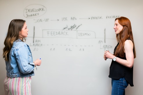 Two people are standing in front of a whiteboard, discussing a flowchart labeled 'Developer Journey'. The flowchart includes steps like 'Sign-Up', 'Use APIs', and 'Provide Feedback'. The individuals appear to be engaged in a professional discussion, with both focused on the content on the board. One person is wearing a denim jacket and holding a marker, while the other is in a black top.