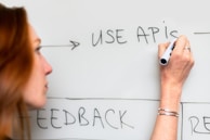 A person is writing on a whiteboard using a black marker. The words 'USE APIs' and 'FEEDBACK' are visible. The individual has red hair and is wearing a bracelet.