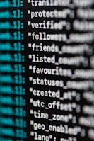 A close-up view of computer code or data displayed on a screen. The text appears to be part of a JSON-like structure with key-value pairs, featuring words such as 'protected', 'verified', and 'followers'. The text is in white, while some metadata or index numbers are in green.