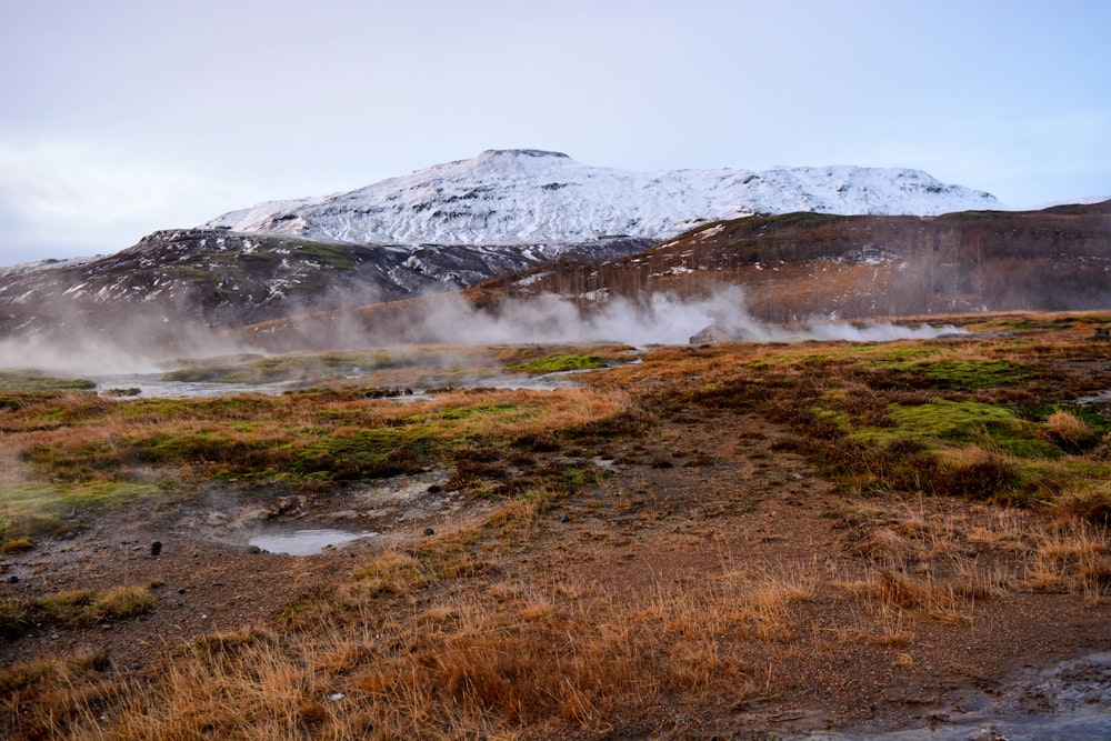 Campo de hierba marrón cerca de la montaña cubierta de nieve durante el día