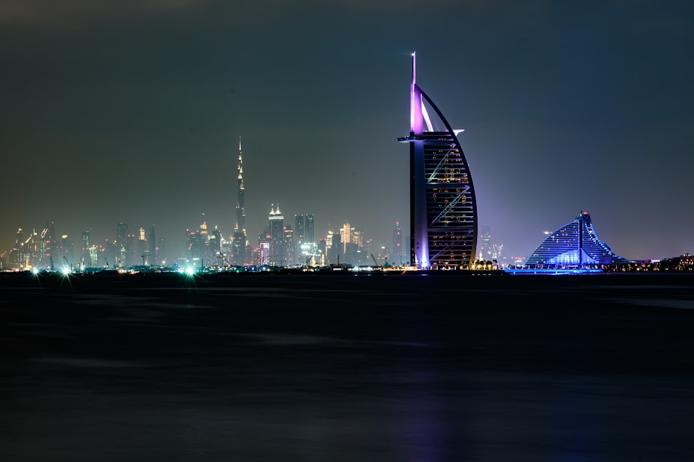 city skyline during night time