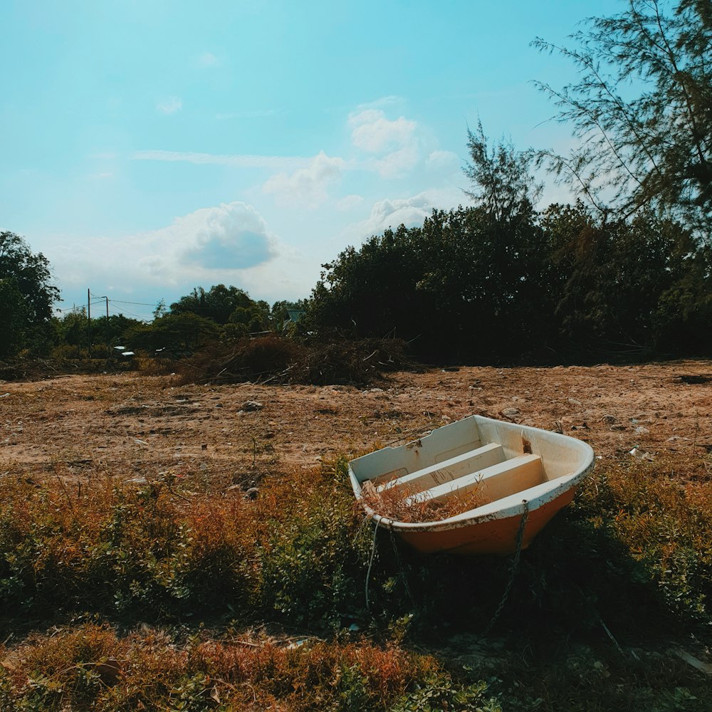 weißes Boot tagsüber auf braunem Grasfeld