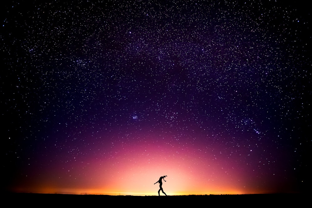 silhouette of person standing on rock under starry night