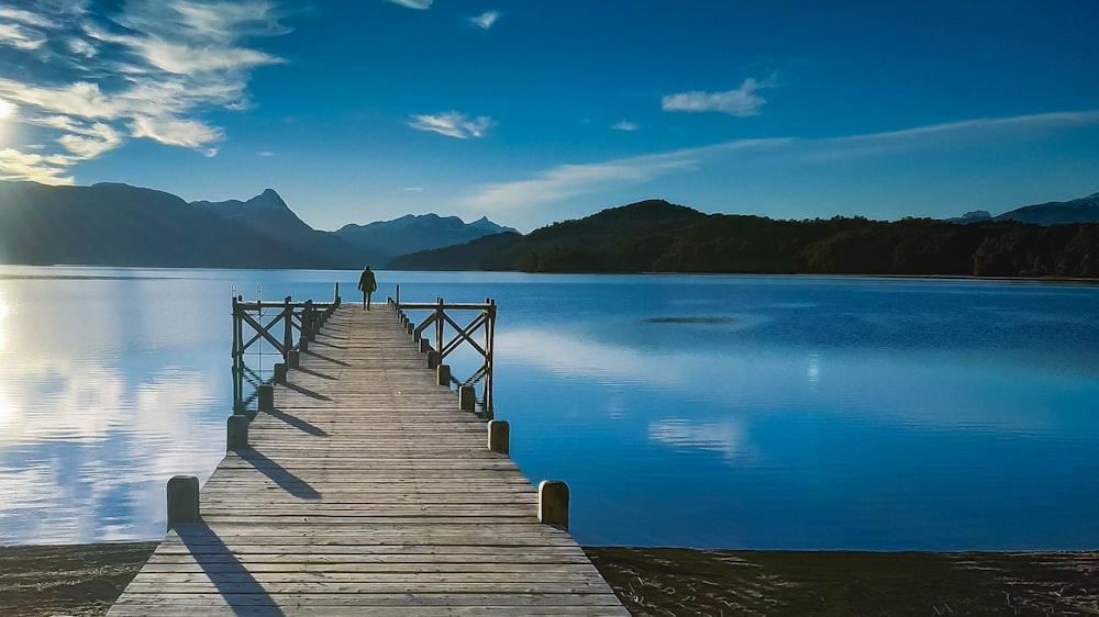 Braunes Holzdock am blauen Meer unter blauem Himmel tagsüber