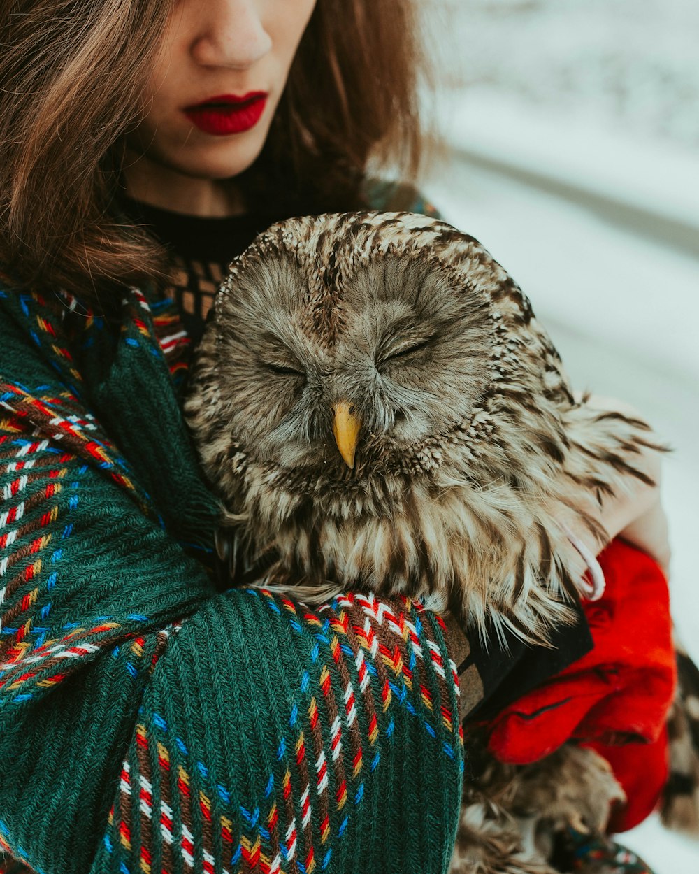 woman in red and green scarf with owl on her shoulder