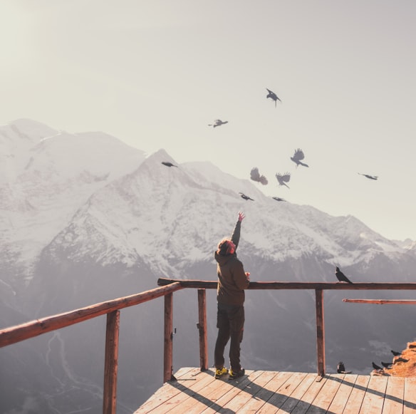 man throws food up to a flock of birds flying through the sky in front of a beautiful mountain range