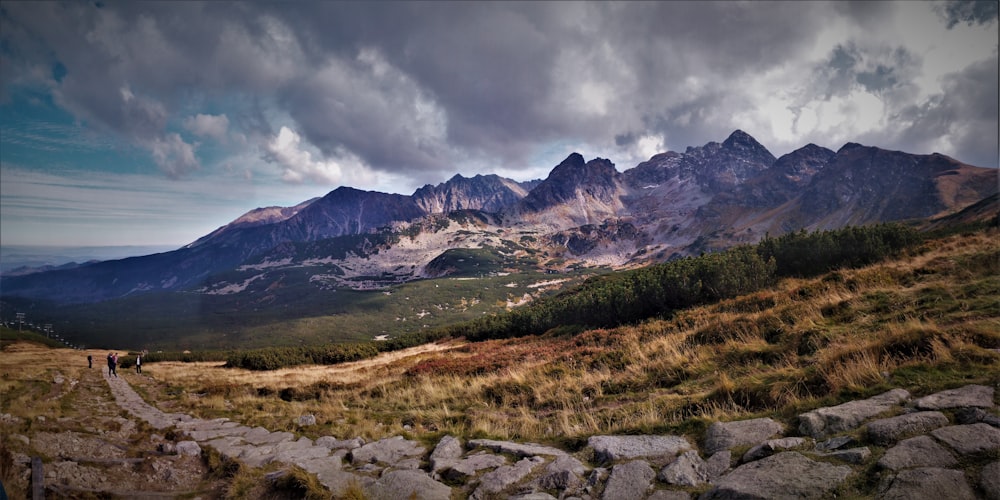 green grass field near mountain under cloudy sky during daytime