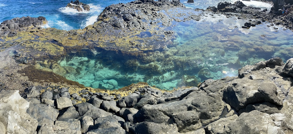 brown rocky shore with blue water