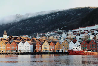 houses near body of water and mountain during daytime