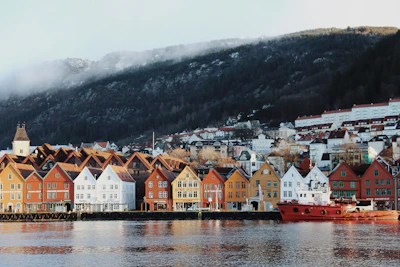houses near body of water and mountain during daytime