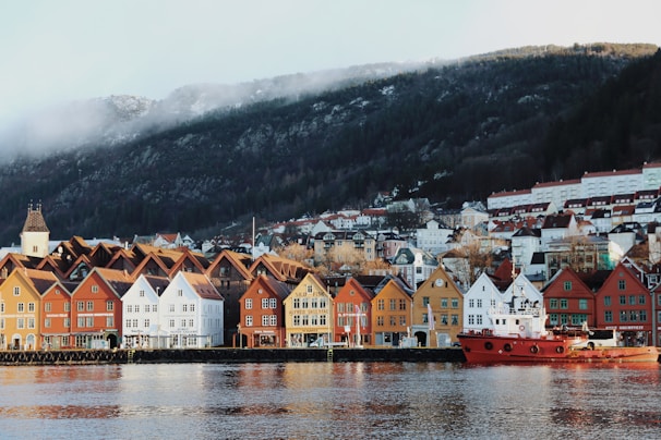 houses near body of water and mountain during daytime