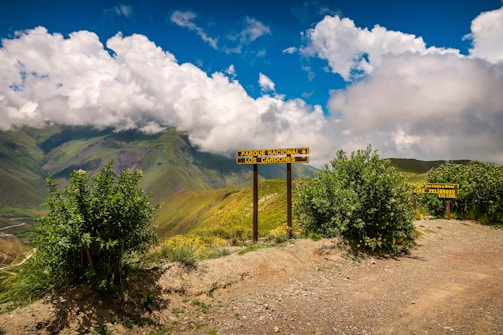 A scenic view of a national park, featuring a dirt path surrounded by lush green vegetation and mountainous terrain. Two wooden signs with yellow text stand prominently, indicating the park's name and information about the trail. The background features a dramatic sky filled with large fluffy clouds.