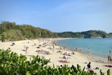 A vibrant beach scene at Praia da Pipa with tourists enjoying a sunny day