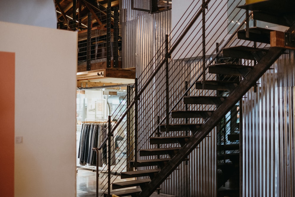 black metal staircase in room