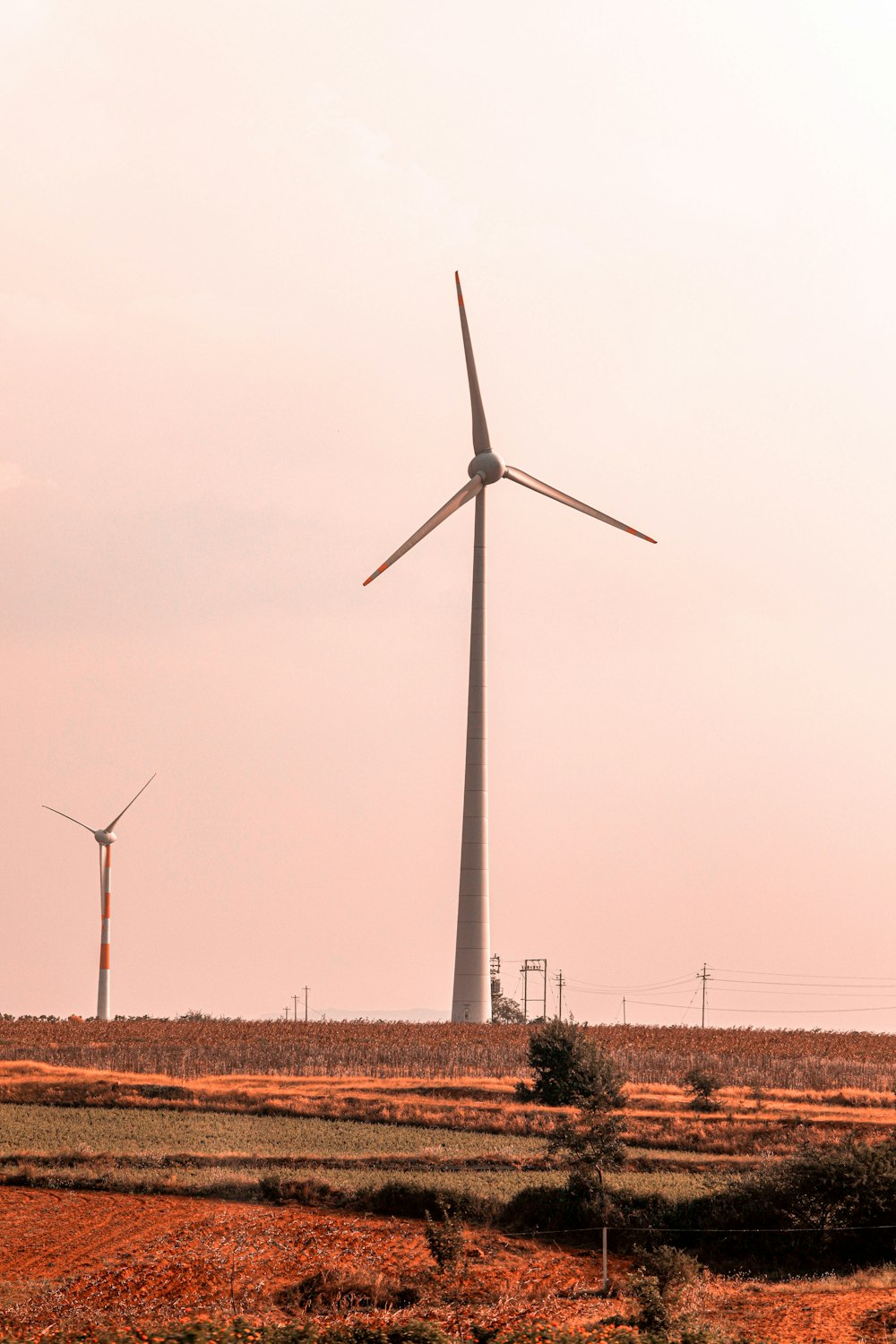 white wind turbine on brown field under gray sky