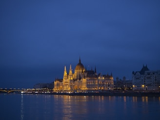 brown concrete building near body of water during night time
