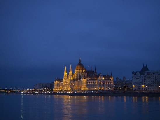 brown concrete building near body of water during night time