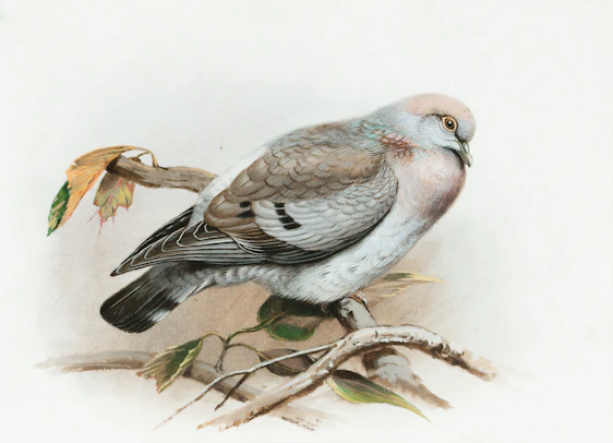 A soft illustration of Pistachio perched on a delicate branch surrounded by gentle earth tones and light green leaves.