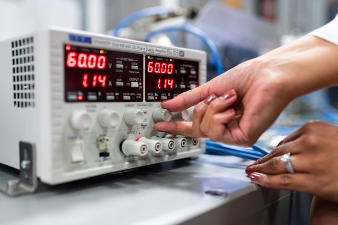 Close-up of a person adjusting knobs on a biomedical electronic device, illustrating practical learn