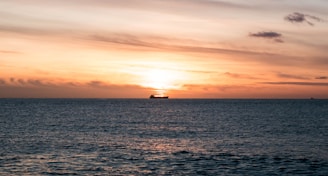 A calm ocean horizon with a ship silhouette under a warm sunset, symbolizing steady financial management at sea.