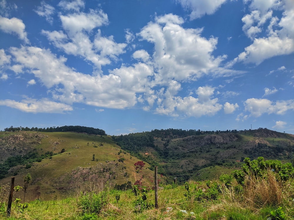 a lush green hillside under a blue cloudy sky