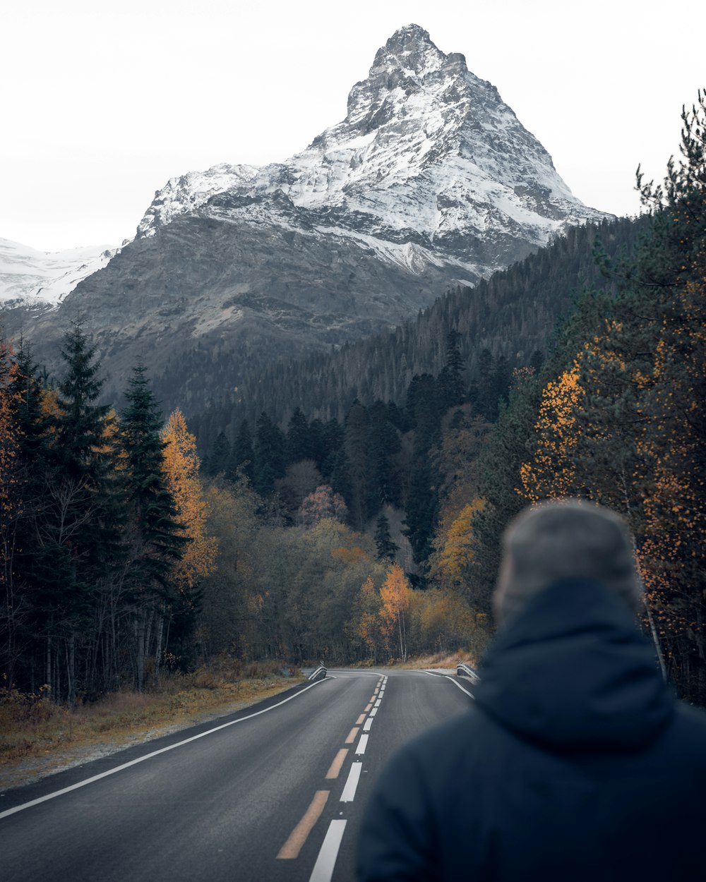 person in black jacket standing on road near trees and mountain during daytime