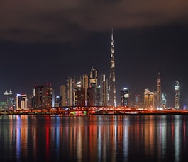 city skyline across body of water during night time
