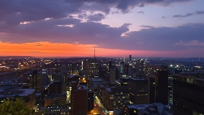 city skyline during night time