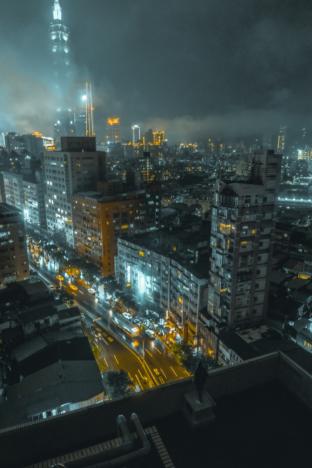 aerial view of city buildings during night time