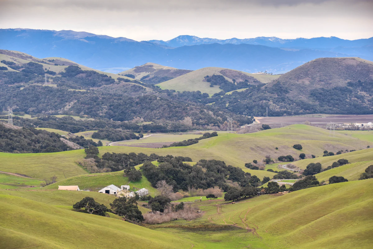Green hills dotted with oaks around a farm in north Salinas, with ranges behind