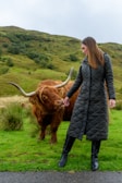 A person in a long, dark quilted coat stands on a grassy path next to a large brown highland cow with curved horns. The landscape features rolling green hills dotted with bushes and trees under a cloudy sky.