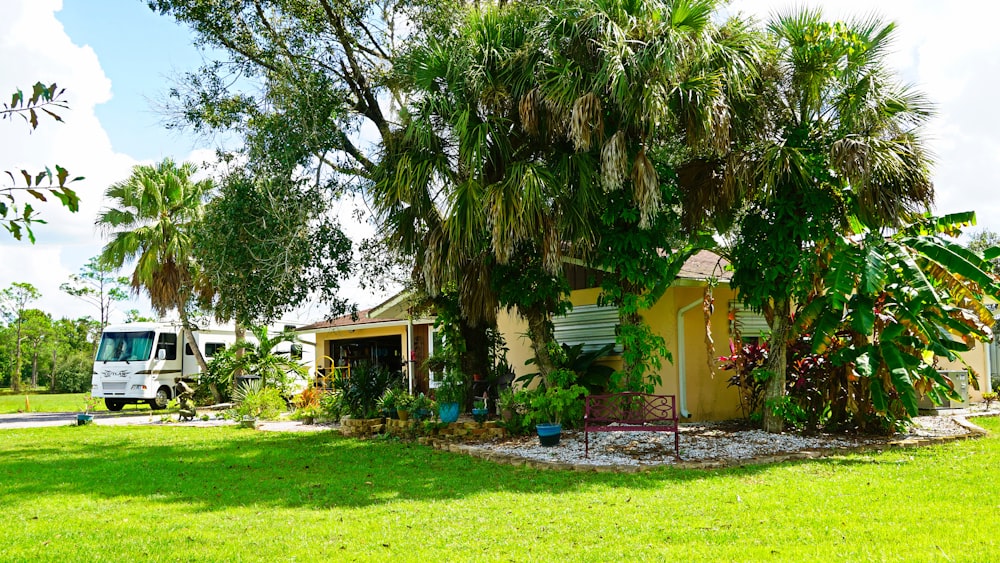 green grass field with trees and houses