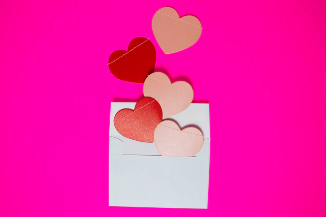 A warm, soft red and white illustration showing hands gently holding a heart-shaped envelope.