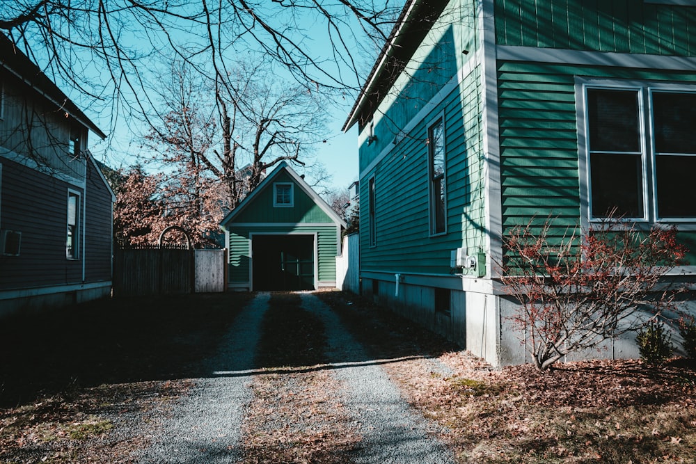 green and white wooden house near bare trees during daytime